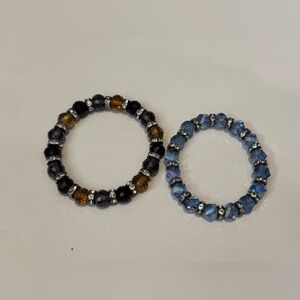 2 Stretch Bracelets w/ Glass Beads & Silver-colored Rhinestone Separators.